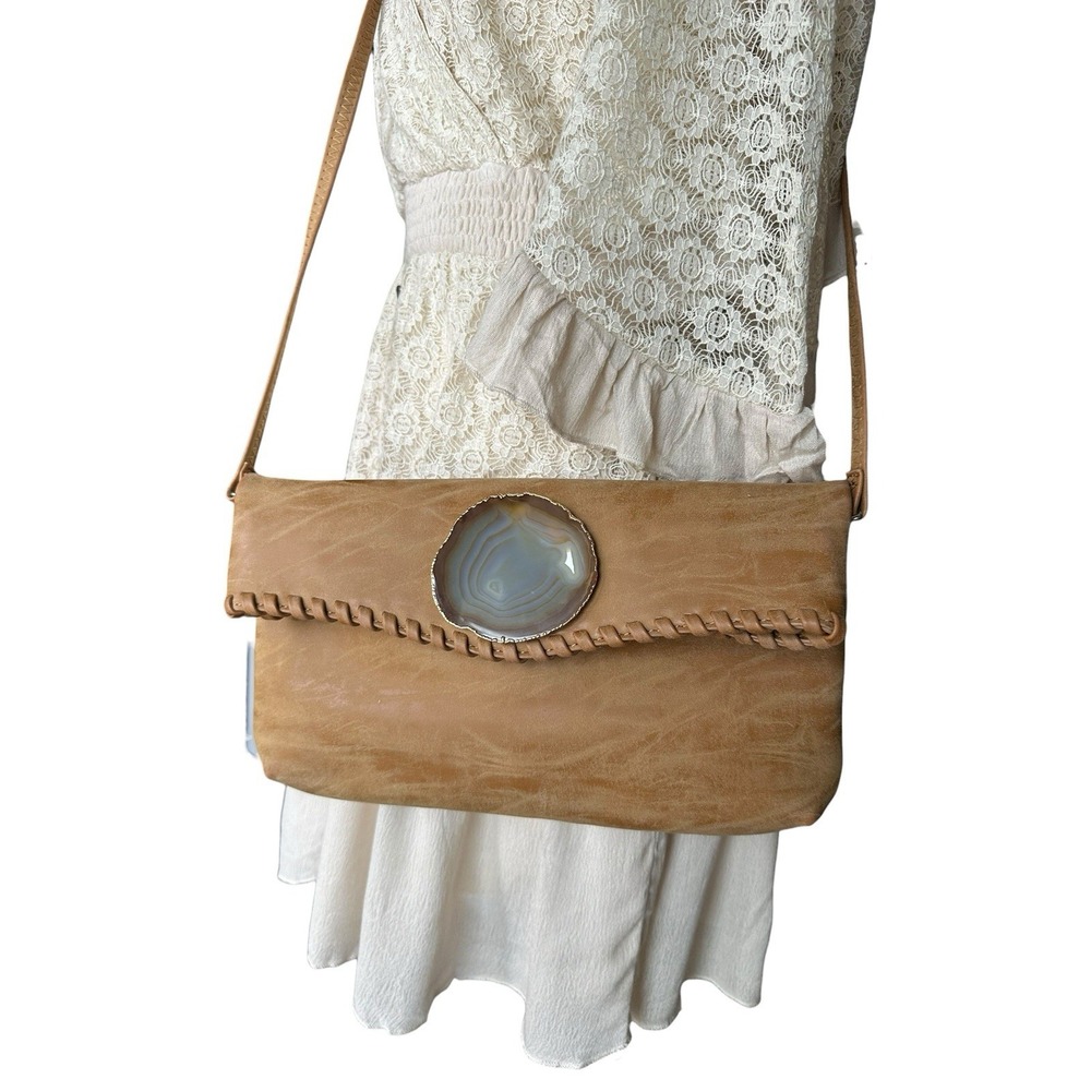 Wimberly Tan Suede Shoulder Bag Clutch Crossbody Gorgeous Stone‎ Braided Unique